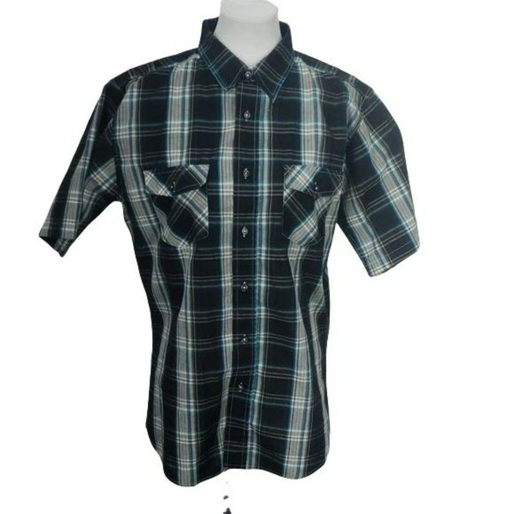 Airwalk large blue black plaid button up‎ Short sleeve skater shirt